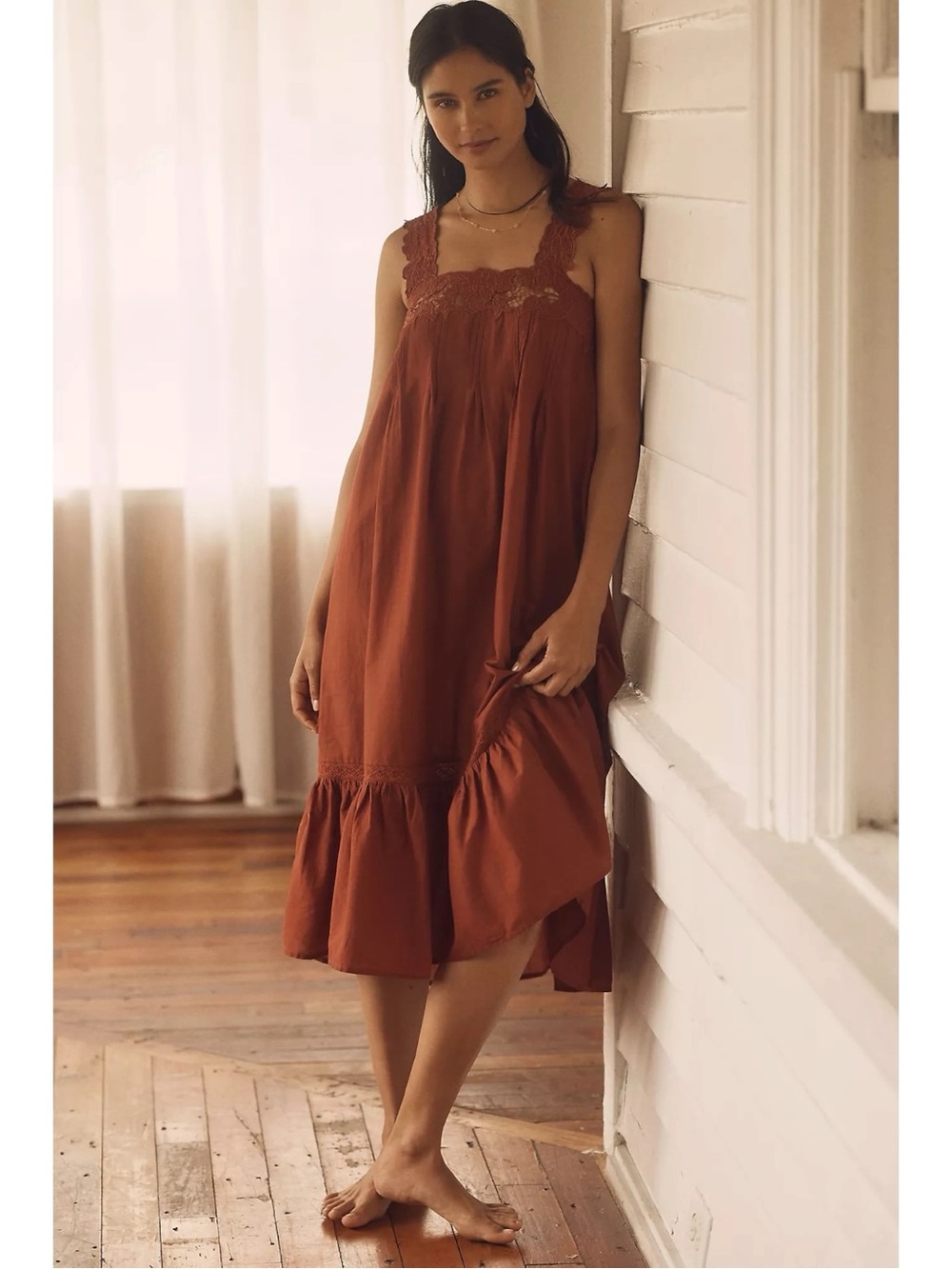 Anthropologie Ethereal Sleeveless Embroidered Lace Midi Nap Dress Rust Brown XL